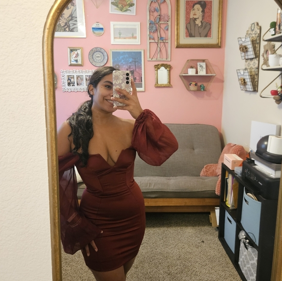 House of CB Olivia Wine Satin Off Shoulder Dress - Picture 6 of 11